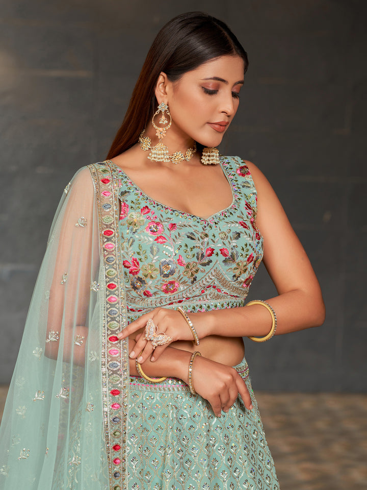 Elegant Sky Blue Georgette Lehenga Choli | Paired with Soft Net Dupatta