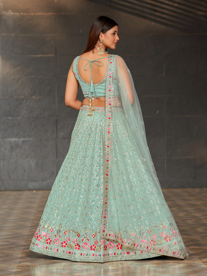 Elegant Sky Blue Georgette Lehenga Choli | Paired with Soft Net Dupatta