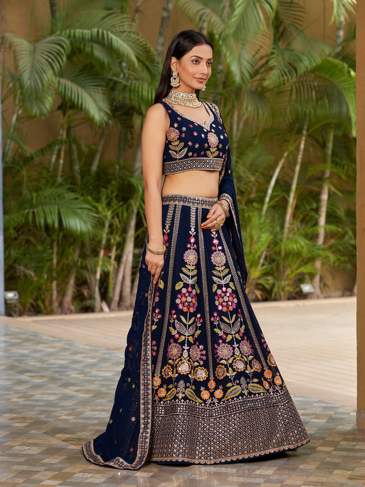Designer Navy Blue Lehenga Choli | Georgette Fabric with Embroidered Dupatta
