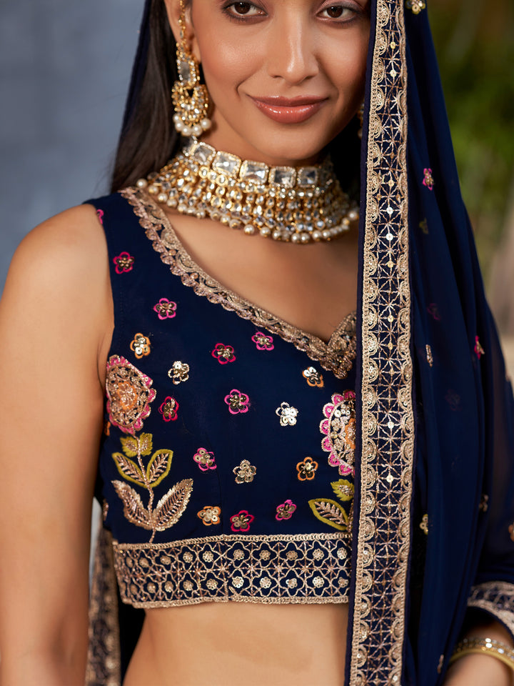 Designer Navy Blue Lehenga Choli | Georgette Fabric with Embroidered Dupatta
