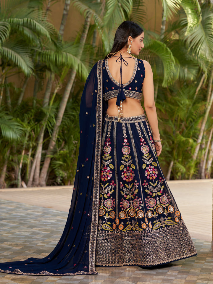 Designer Navy Blue Lehenga Choli | Georgette Fabric with Embroidered Dupatta