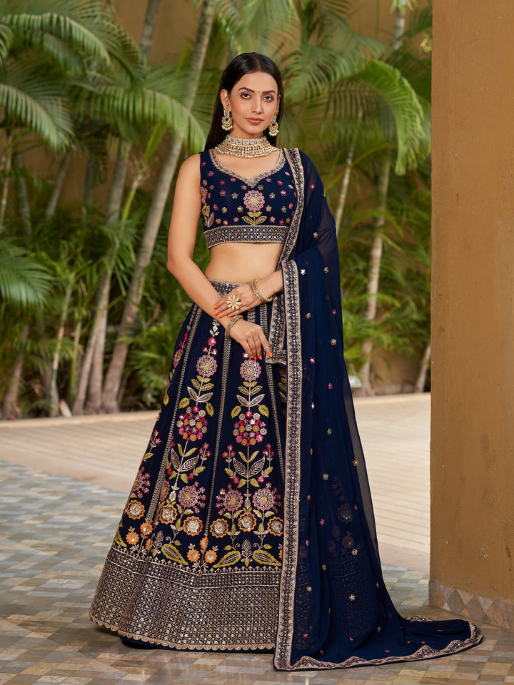 Designer Navy Blue Lehenga Choli | Georgette Fabric with Embroidered Dupatta