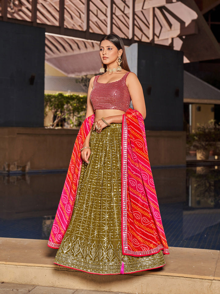 Designer Olive Lehenga Choli | Chinon Dupatta with Elegant Embroidery Work