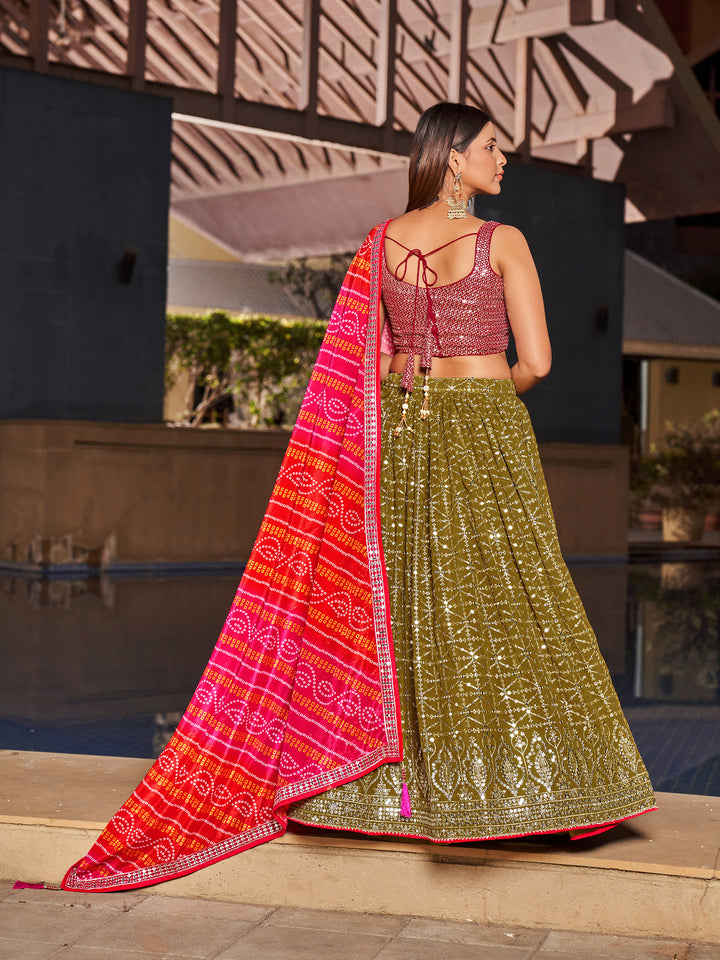 Designer Olive Lehenga Choli | Chinon Dupatta with Elegant Embroidery Work
