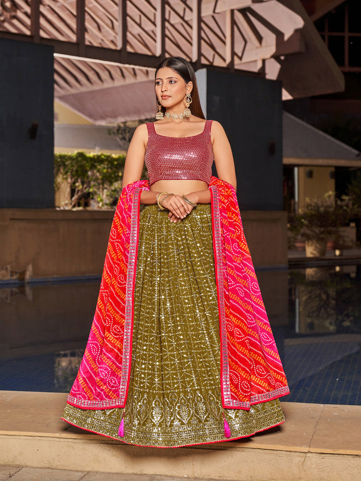 Designer Olive Lehenga Choli | Chinon Dupatta with Elegant Embroidery Work
