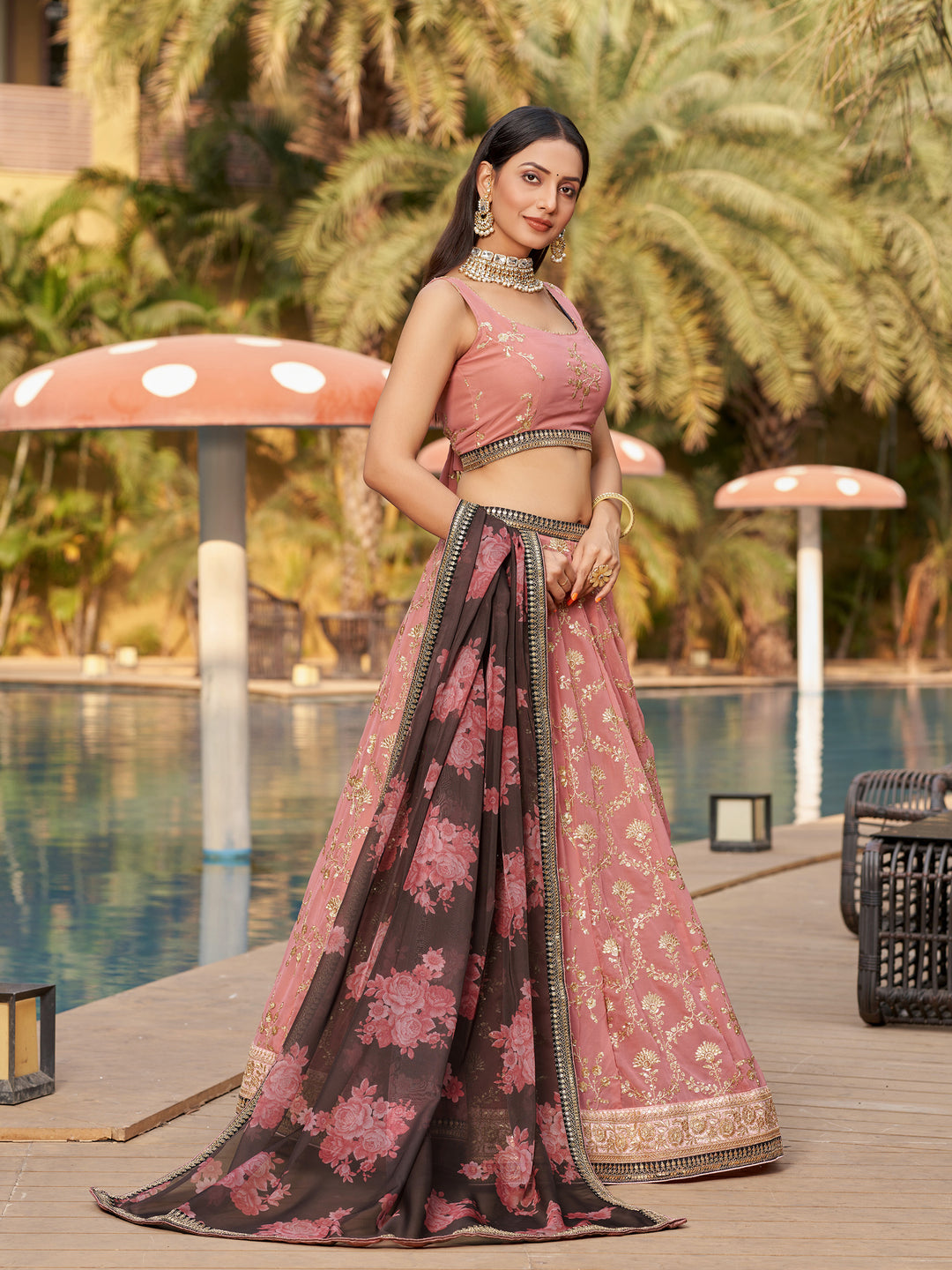 Elegant Pink Lehenga Choli | Georgette Fabric with Organza Dupatta