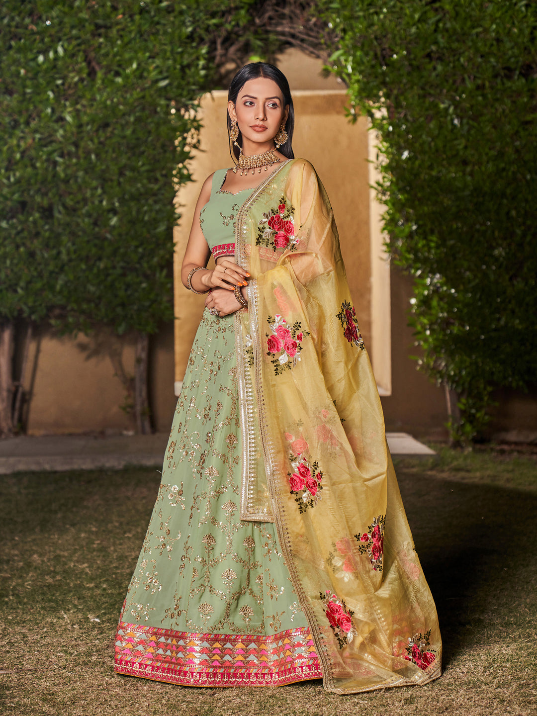 Designer Pista Green Lehenga Choli | Georgette Fabric Paired with Organza