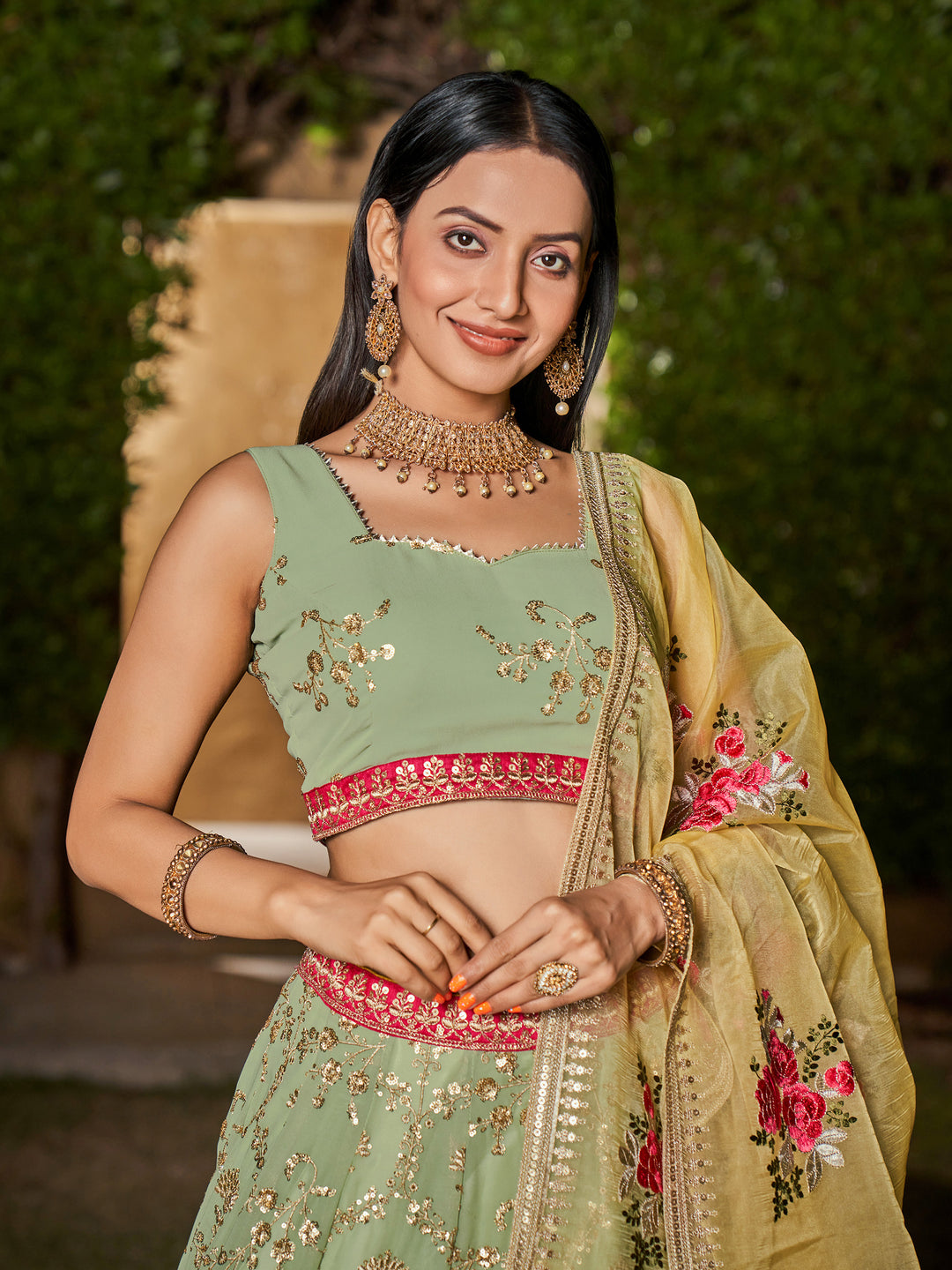 Designer Pista Green Lehenga Choli | Georgette Fabric Paired with Organza