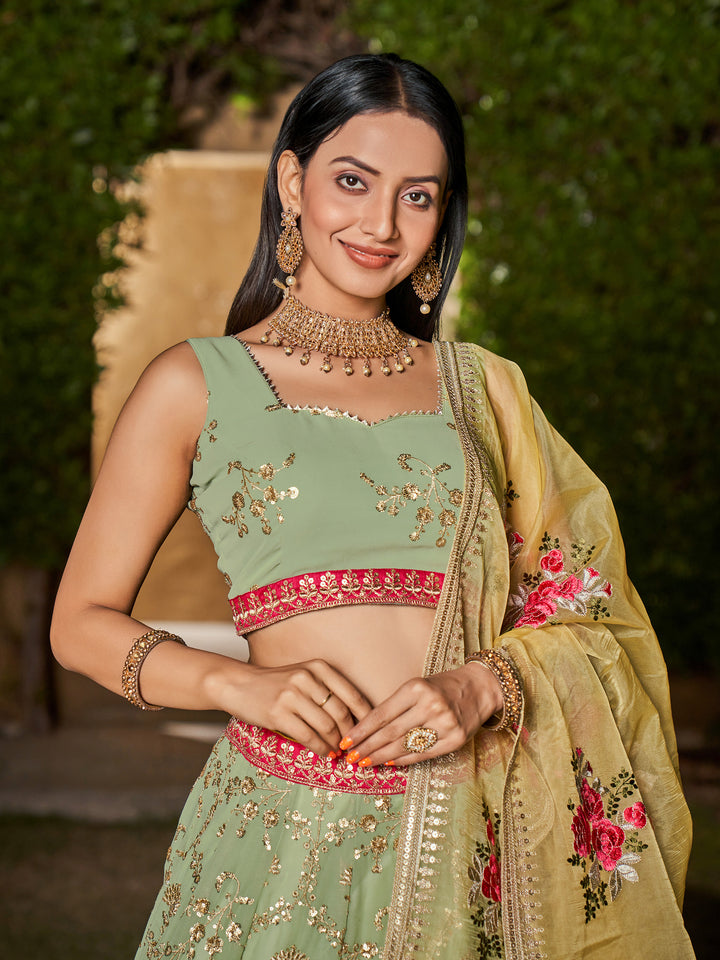 Designer Pista Green Lehenga Choli | Georgette Fabric Paired with Organza