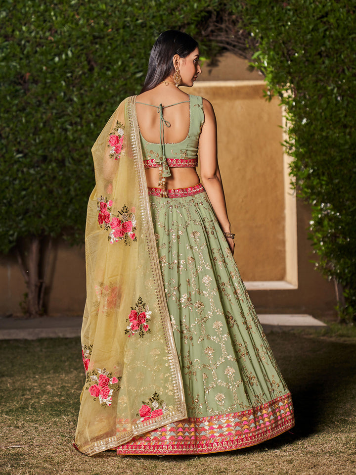 Designer Pista Green Lehenga Choli | Georgette Fabric Paired with Organza