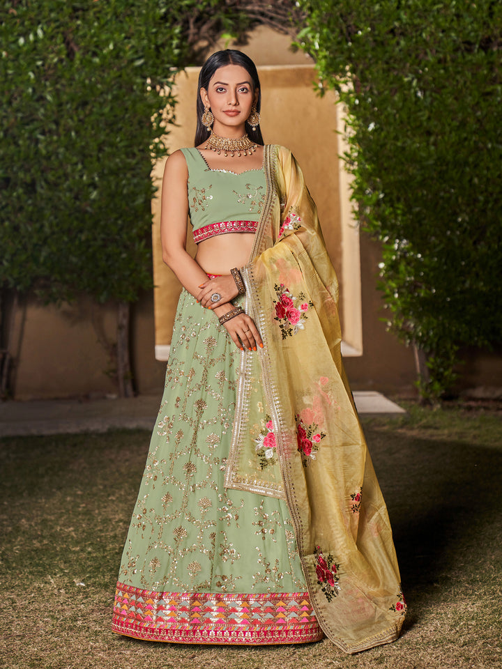 Designer Pista Green Lehenga Choli | Georgette Fabric Paired with Organza