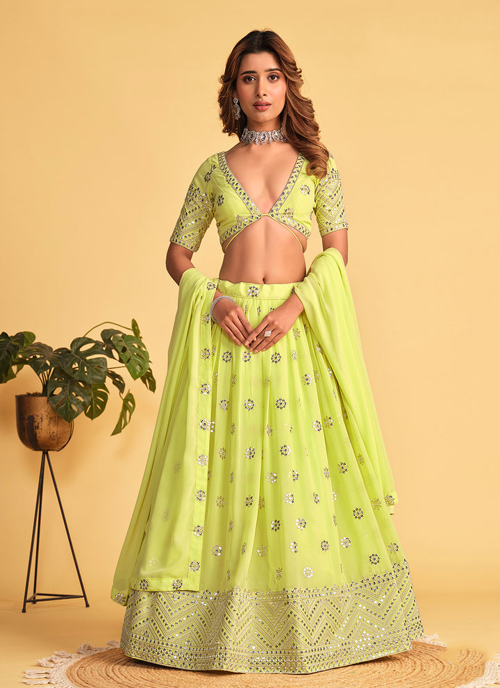 Neon Green Georgette Lehenga | Designer Sequins Embroidery Work