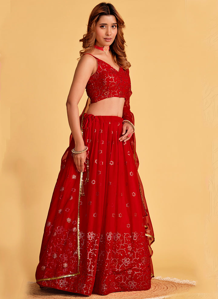 Red Designer Lehenga | Sequins Embroidery Work with Soft Net Dupatta