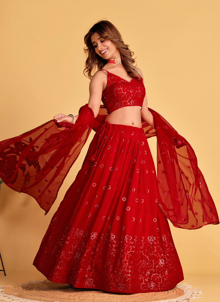 Red Designer Lehenga | Sequins Embroidery Work with Soft Net Dupatta