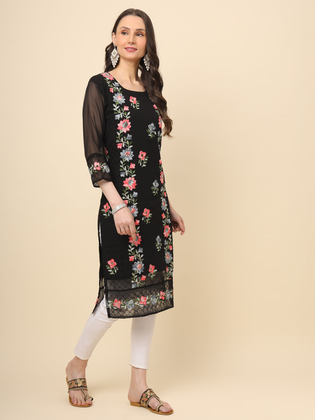 Designer Long Kurti with Thread Embroidery | Georgette & Crepe Inner