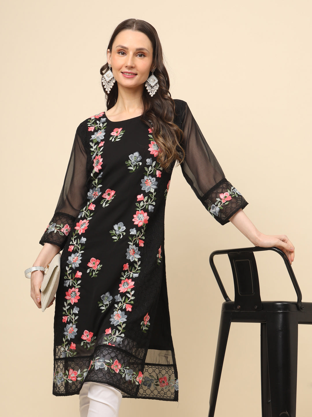 Designer Long Kurti with Thread Embroidery | Georgette & Crepe Inner