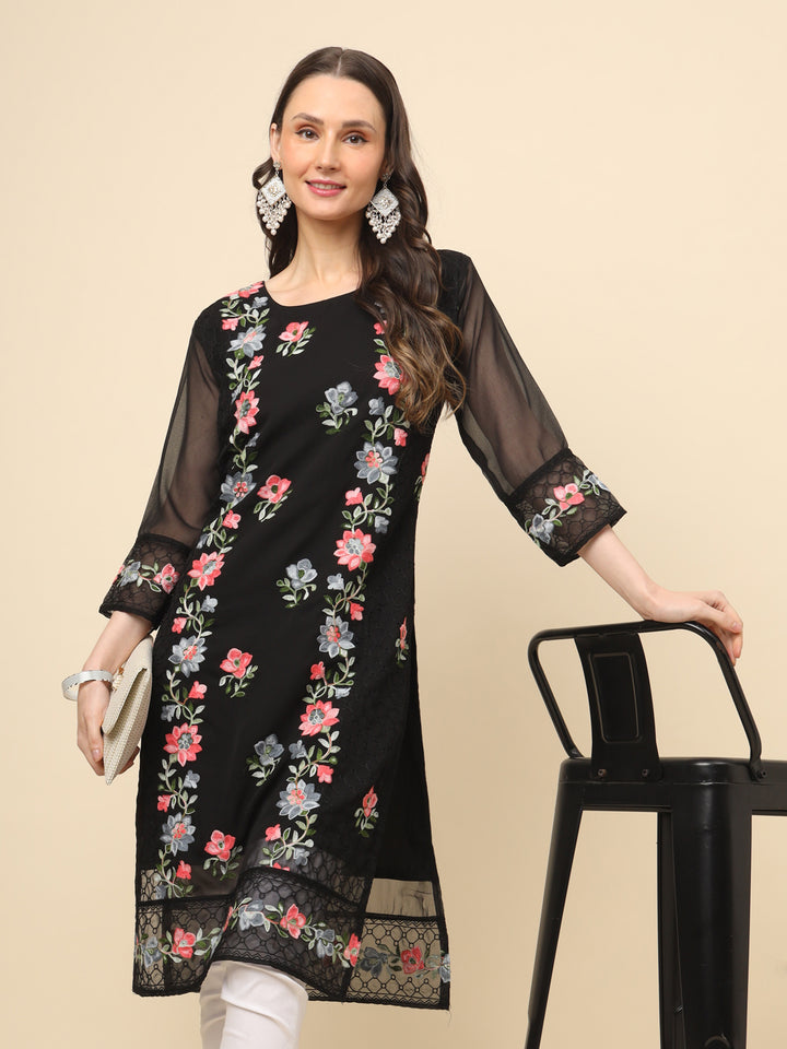 Designer Long Kurti with Thread Embroidery | Georgette & Crepe Inner