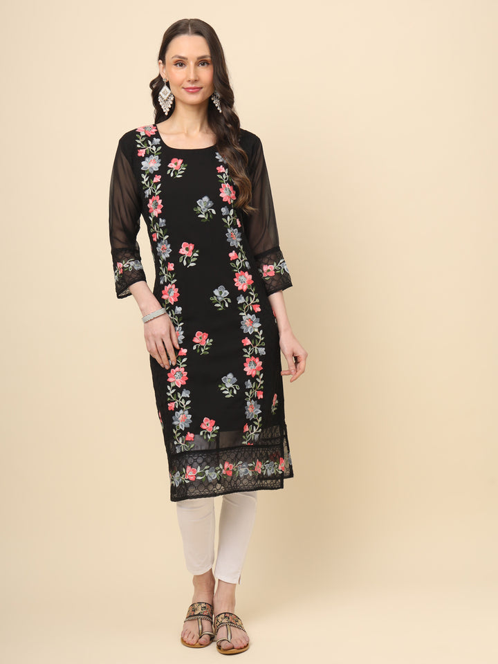 Designer Long Kurti with Thread Embroidery | Georgette & Crepe Inner