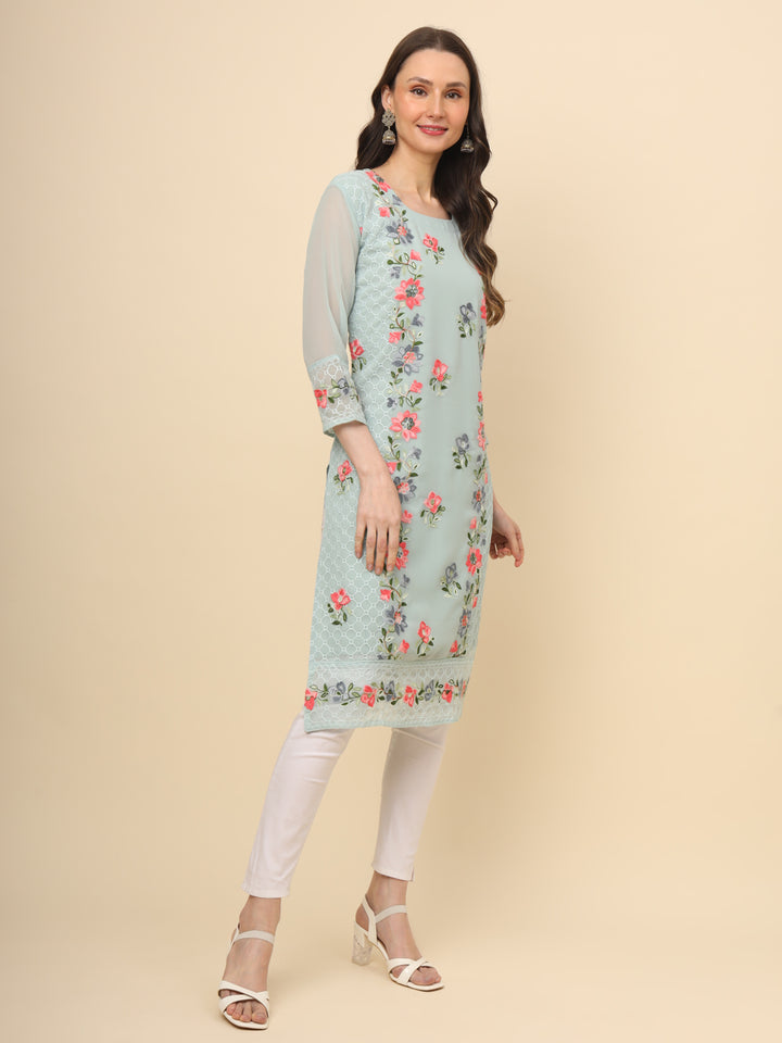Designer Long Kurti with Thread Embroidery | Georgette & Crepe Inner