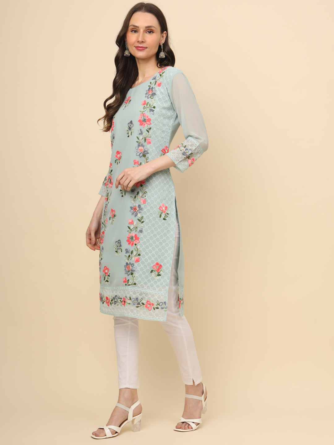 Designer Long Kurti with Thread Embroidery | Georgette & Crepe Inner
