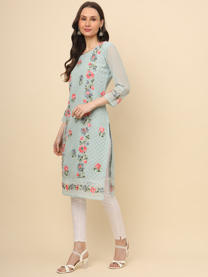 Designer Long Kurti with Thread Embroidery | Georgette & Crepe Inner