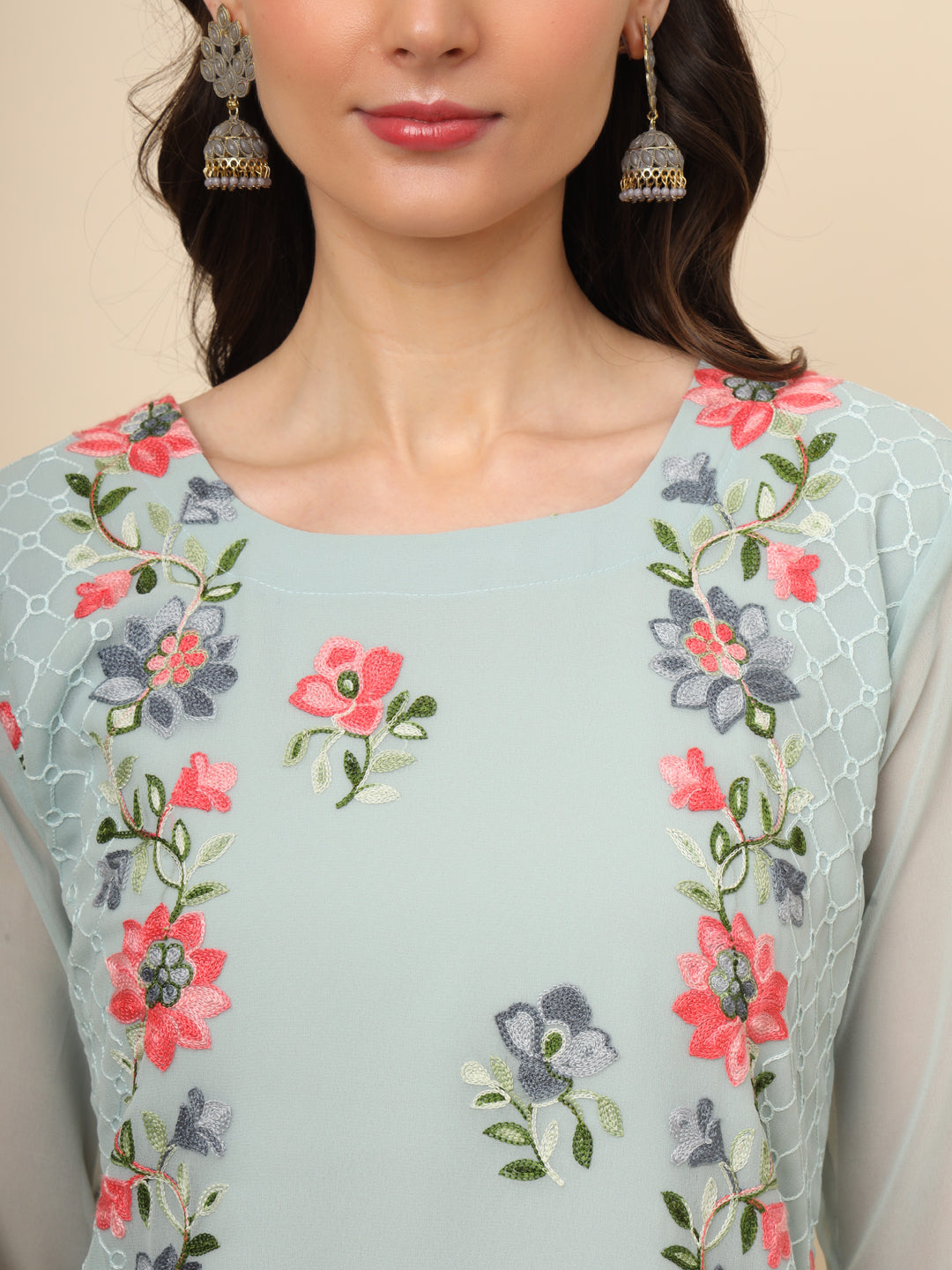 Designer Long Kurti with Thread Embroidery | Georgette & Crepe Inner