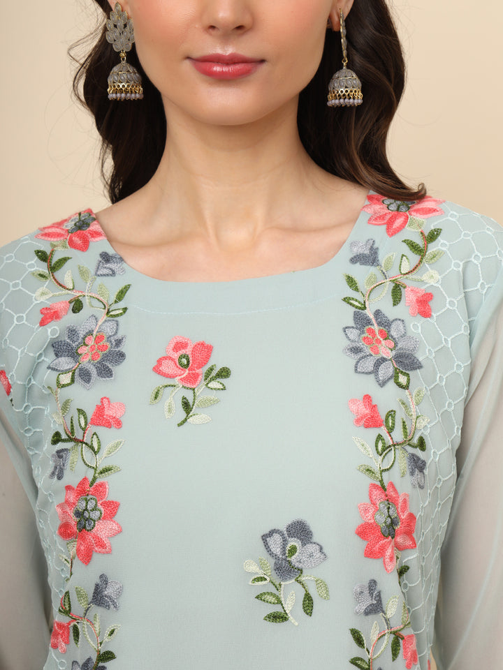 Designer Long Kurti with Thread Embroidery | Georgette & Crepe Inner