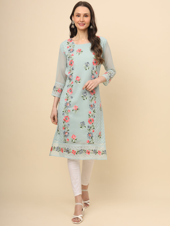 Designer Long Kurti with Thread Embroidery | Georgette & Crepe Inner
