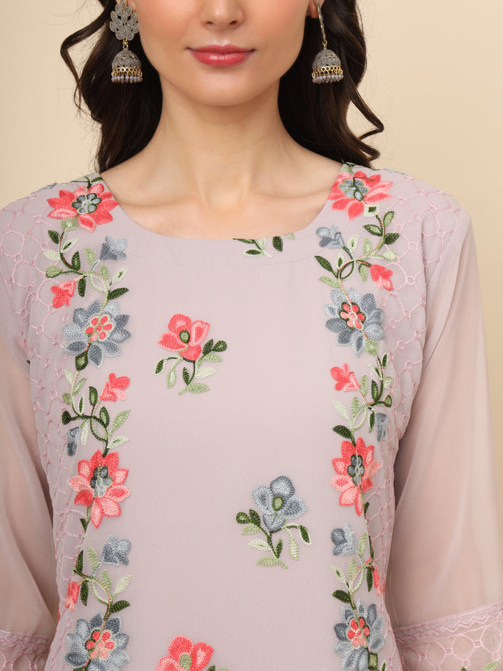 Designer Long Kurti with Thread Embroidery | Georgette & Crepe Inner