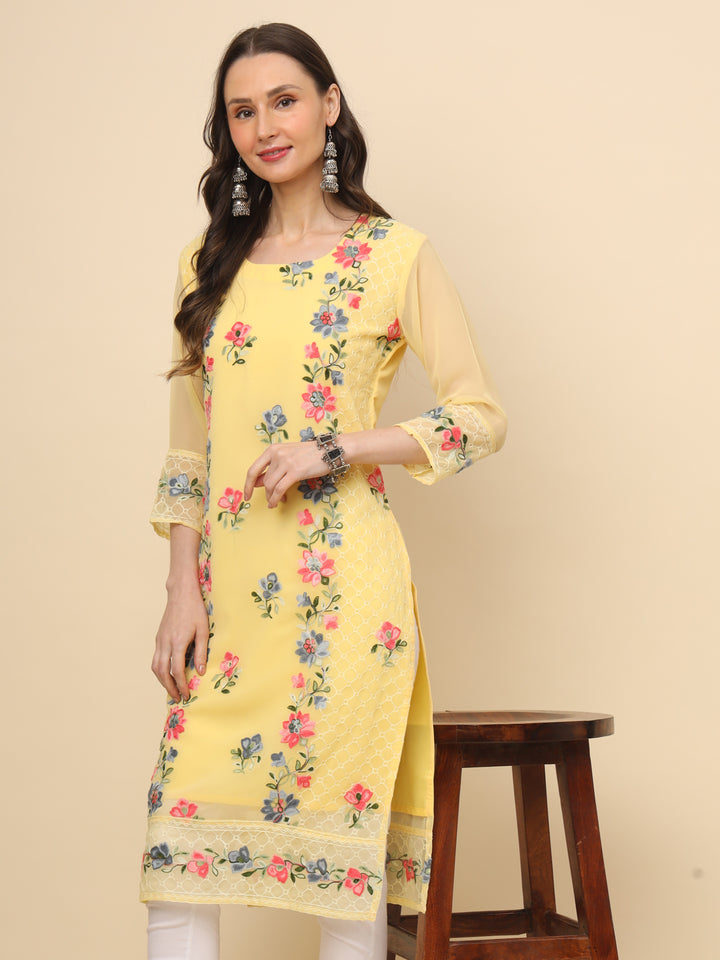 Designer Long Kurti with Thread Embroidery | Georgette & Crepe Inner