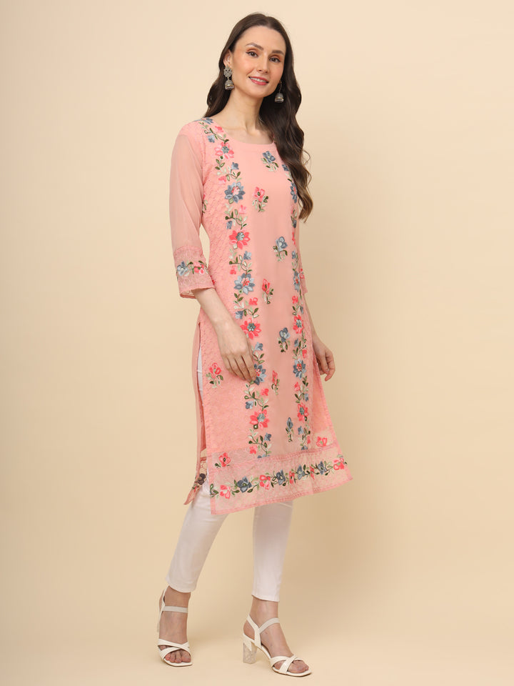 Designer Long Kurti with Thread Embroidery | Georgette & Crepe Inner