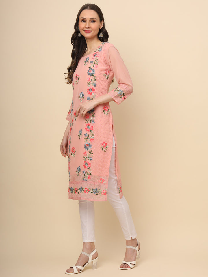 Designer Long Kurti with Thread Embroidery | Georgette & Crepe Inner