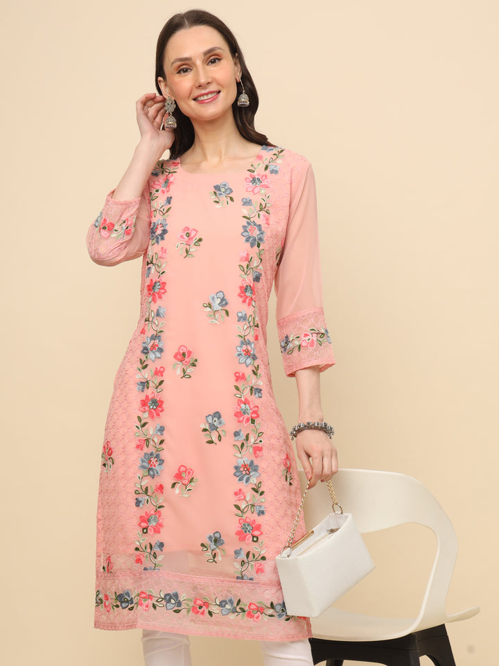 Designer Long Kurti with Thread Embroidery | Georgette & Crepe Inner