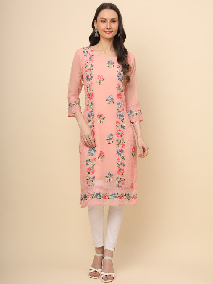 Designer Long Kurti with Thread Embroidery | Georgette & Crepe Inner