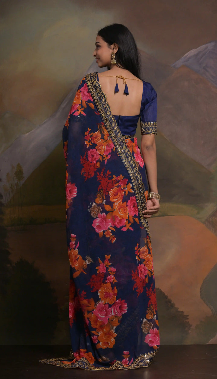 Georgette Saree with Mono-Banglori Blouse | Printed & Embroidered Lace Work