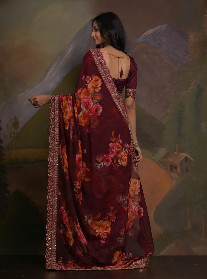 Georgette Saree with Mono-Banglori Blouse | Printed & Embroidered Lace Work