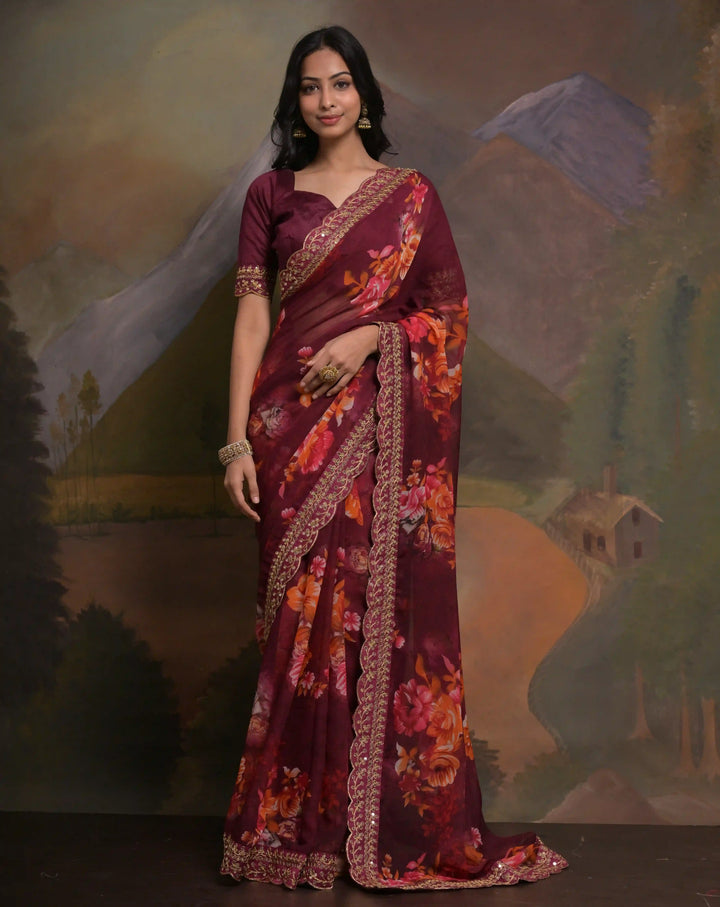 Georgette Saree with Mono-Banglori Blouse | Printed & Embroidered Lace Work