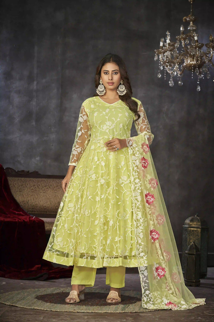 Exquisite Net Anarkali Dress | Designer Embroidery Paired with Santoon Bottom