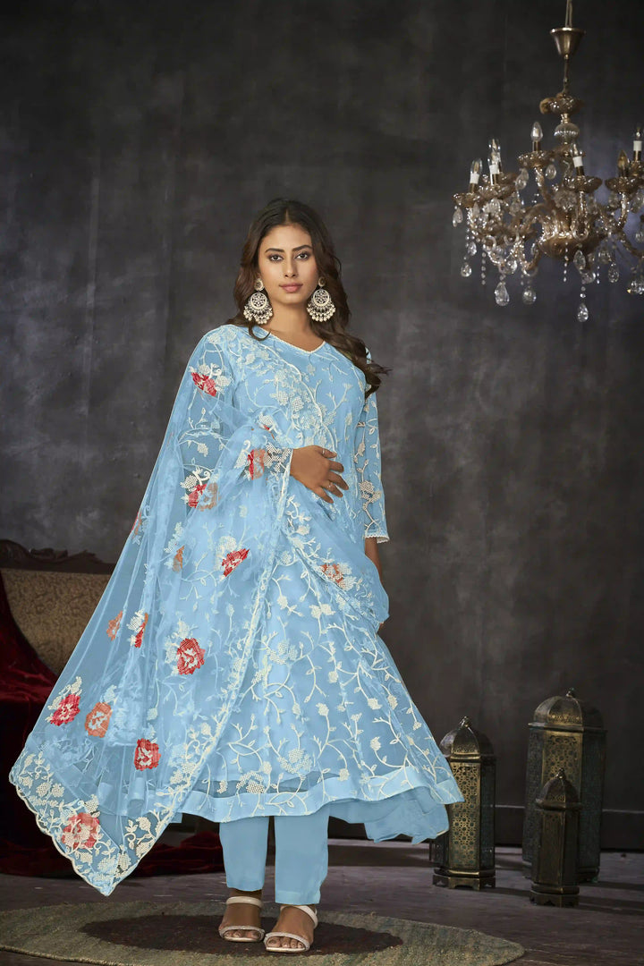 Exquisite Net Anarkali Dress | Designer Embroidery Paired with Santoon Bottom