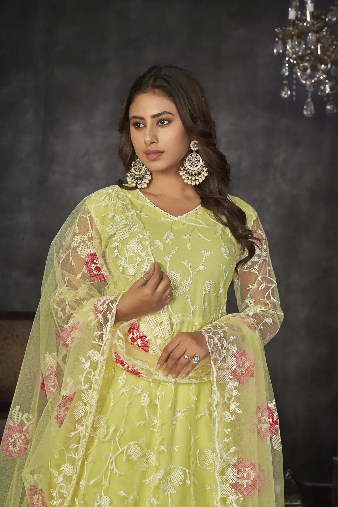 Exquisite Net Anarkali Dress | Designer Embroidery Paired with Santoon Bottom