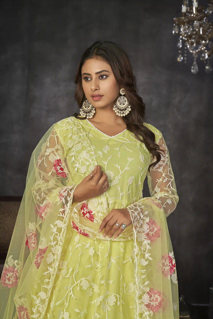 Exquisite Net Anarkali Dress | Designer Embroidery Paired with Santoon Bottom