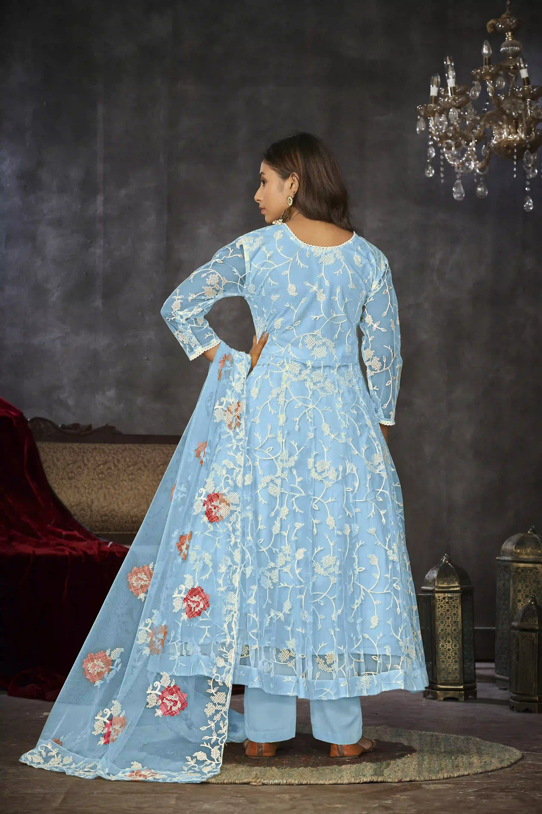 Exquisite Net Anarkali Dress | Designer Embroidery Paired with Santoon Bottom