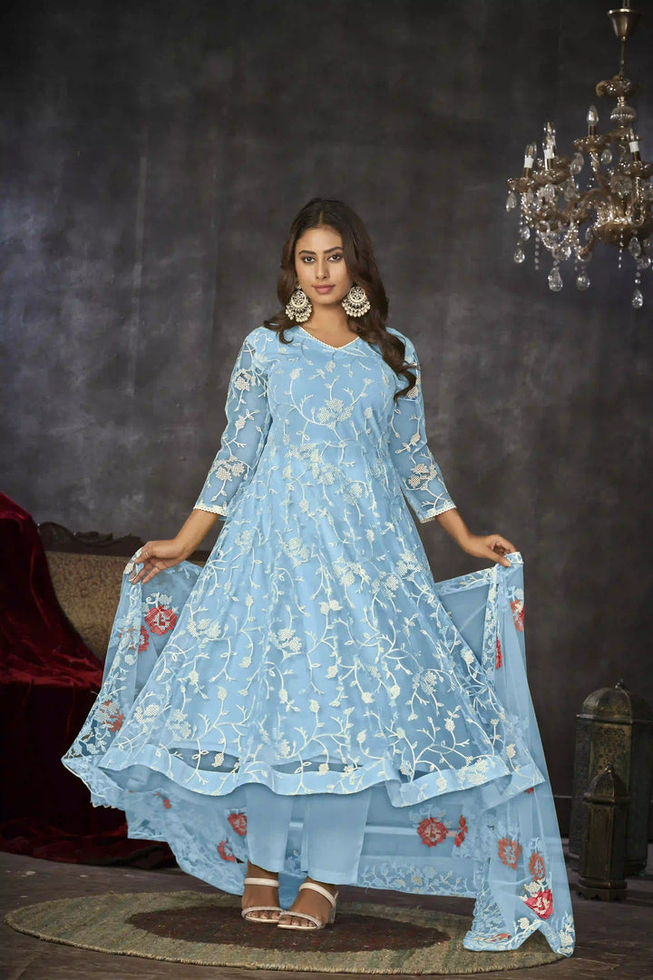 Exquisite Net Anarkali Dress | Designer Embroidery Paired with Santoon Bottom