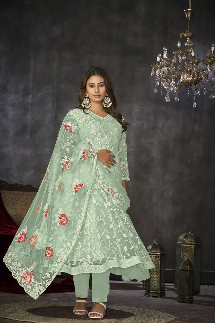 Exquisite Net Anarkali Dress | Designer Embroidery Paired with Santoon Bottom