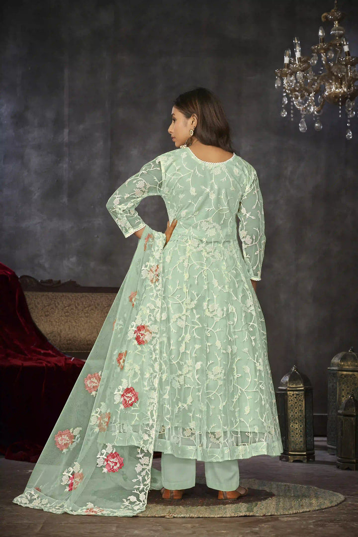 Exquisite Net Anarkali Dress | Designer Embroidery Paired with Santoon Bottom