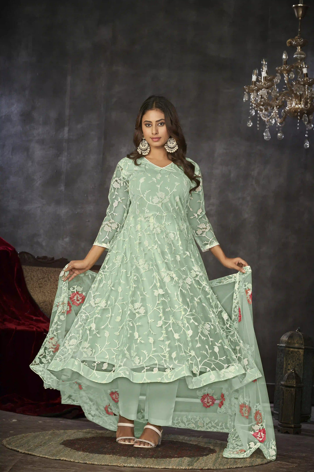 Exquisite Net Anarkali Dress | Designer Embroidery Paired with Santoon Bottom