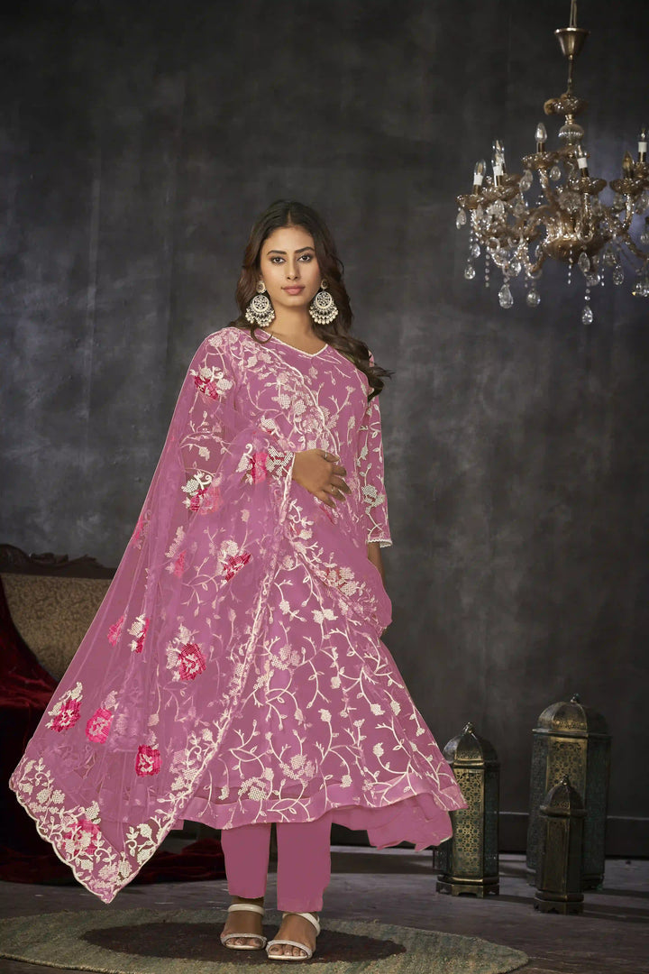 Exquisite Net Anarkali Dress | Designer Embroidery Paired with Santoon Bottom