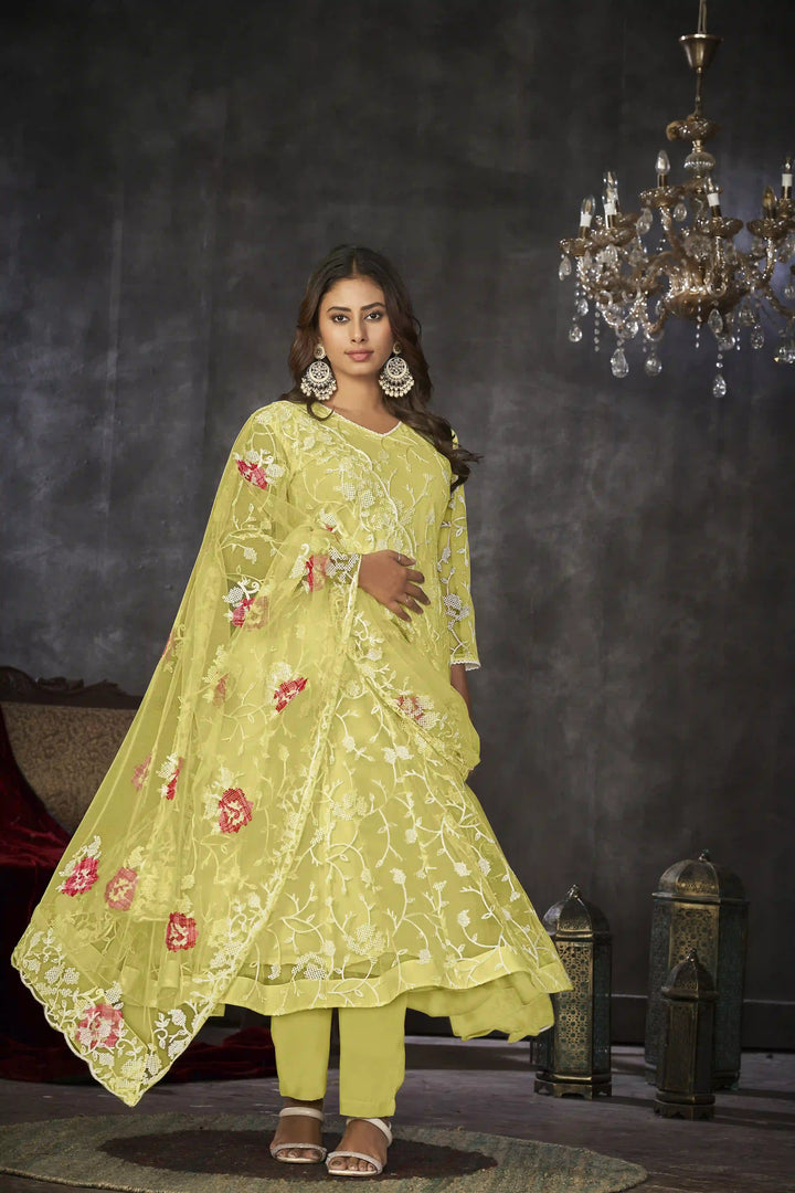 Exquisite Net Anarkali Dress | Designer Embroidery Paired with Santoon Bottom
