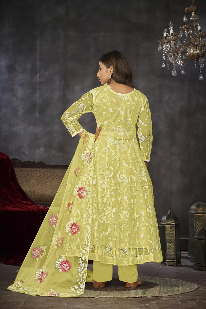 Exquisite Net Anarkali Dress | Designer Embroidery Paired with Santoon Bottom