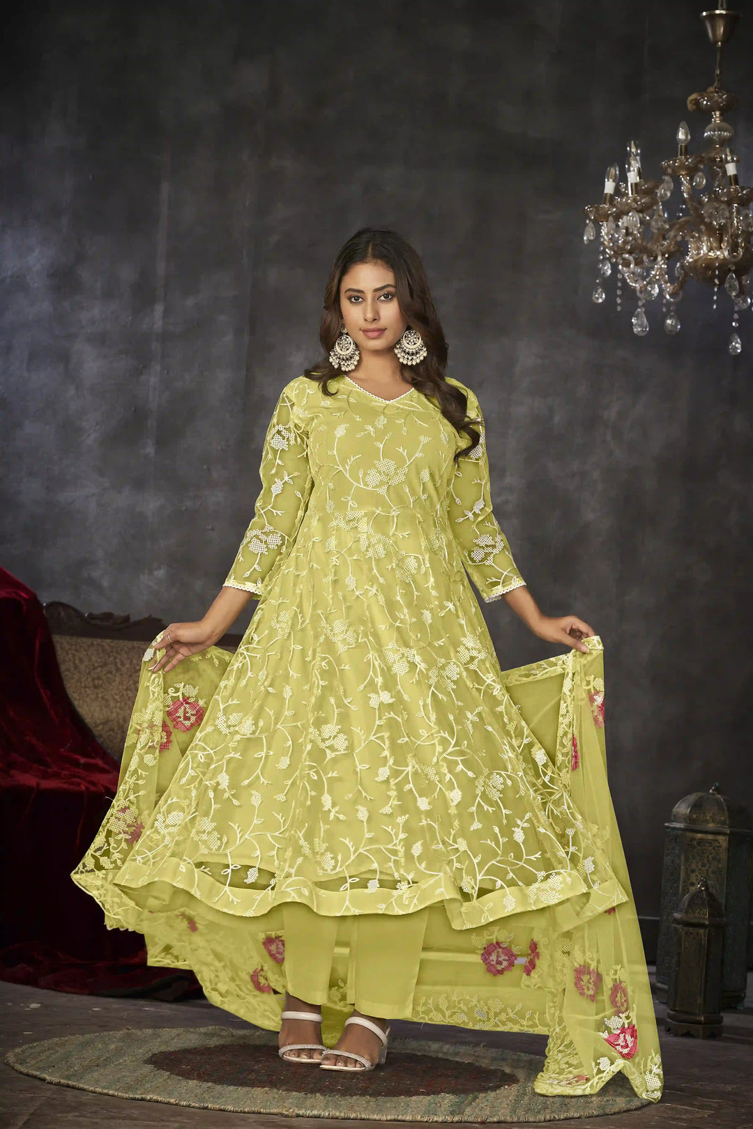 Exquisite Net Anarkali Dress | Designer Embroidery Paired with Santoon Bottom